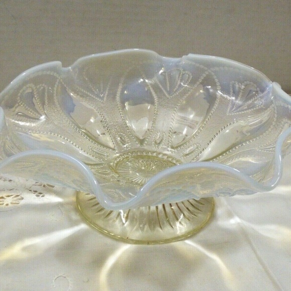 VTG White Opalescent Moonstone Glass Ruffled Rim footed Pedestal Candy Dish Bowl - Picture 2 of 8